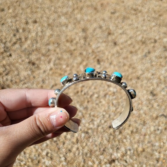 Vintage Native American 5 Stone Turquoise w/ Pyrite,  Handmade Cuff‎ Bracelet - Picture 8 of 14